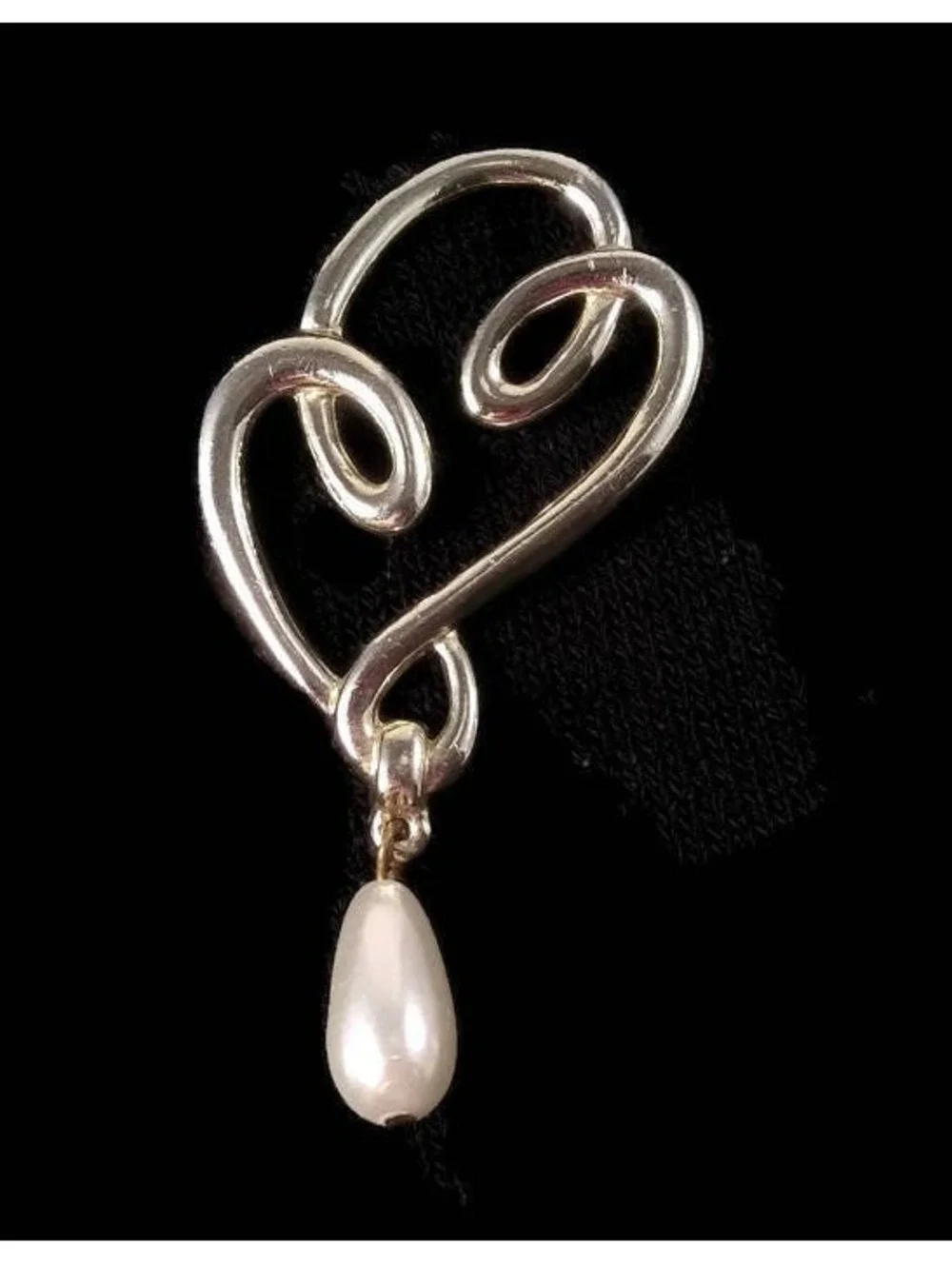 Vintage Gold Tone Swirl Abstract Brooch with Dangling Faux Teardrop Pearl.